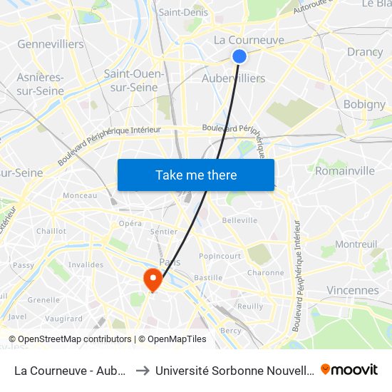La Courneuve - Aubervilliers to Université Sorbonne Nouvelle - Paris 3 map