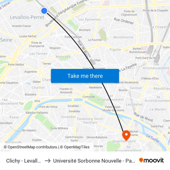 Clichy - Levallois to Université Sorbonne Nouvelle - Paris 3 map