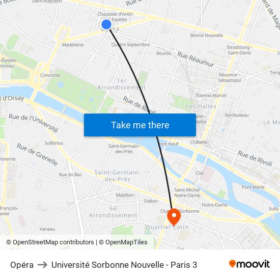 Opéra to Université Sorbonne Nouvelle - Paris 3 map