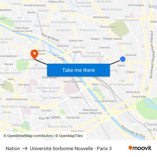 Nation to Université Sorbonne Nouvelle - Paris 3 map