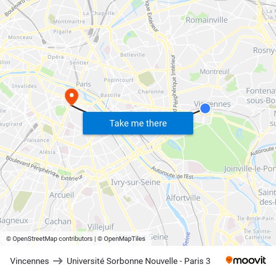 Vincennes to Université Sorbonne Nouvelle - Paris 3 map