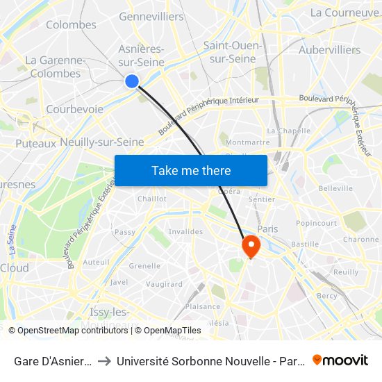Gare D'Asnieres to Université Sorbonne Nouvelle - Paris 3 map