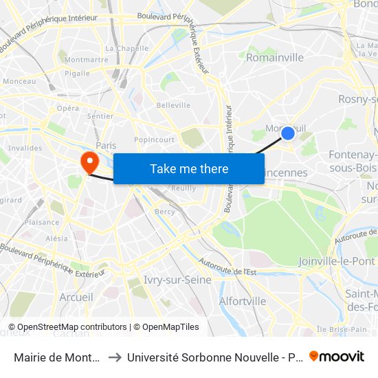 Mairie de Montreuil to Université Sorbonne Nouvelle - Paris 3 map
