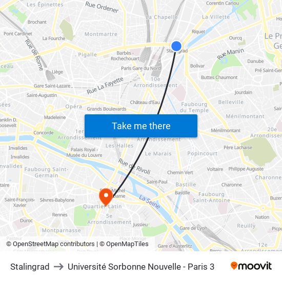 Stalingrad to Université Sorbonne Nouvelle - Paris 3 map