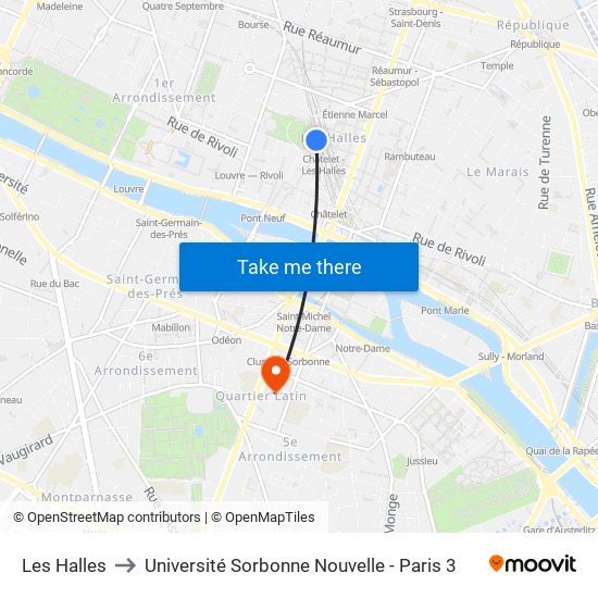 Les Halles to Université Sorbonne Nouvelle - Paris 3 map