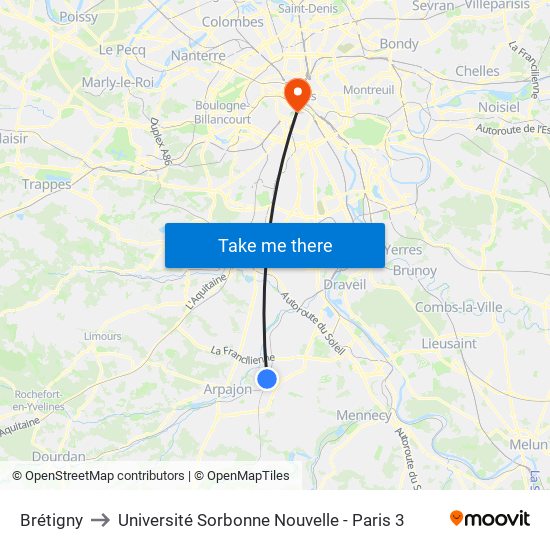 Brétigny to Université Sorbonne Nouvelle - Paris 3 map