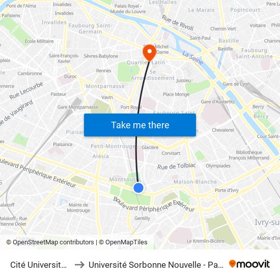 Cité Universitaire to Université Sorbonne Nouvelle - Paris 3 map