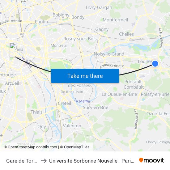 Gare de Torcy to Université Sorbonne Nouvelle - Paris 3 map
