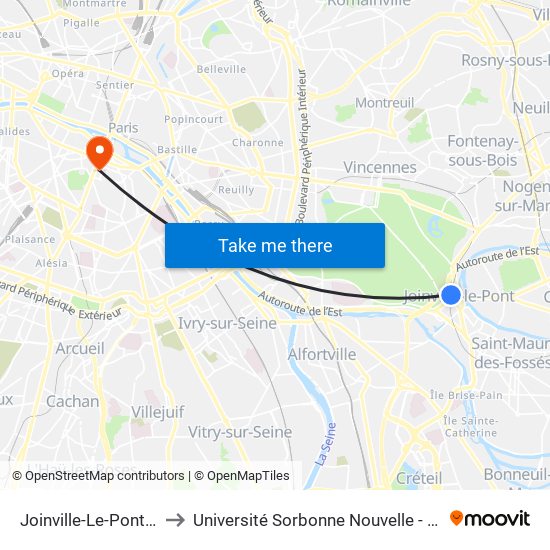 Joinville-Le-Pont RER to Université Sorbonne Nouvelle - Paris 3 map