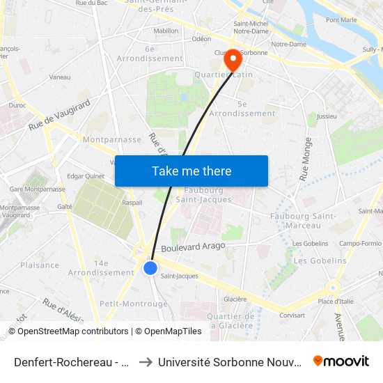 Denfert-Rochereau - Métro-Rer to Université Sorbonne Nouvelle - Paris 3 map