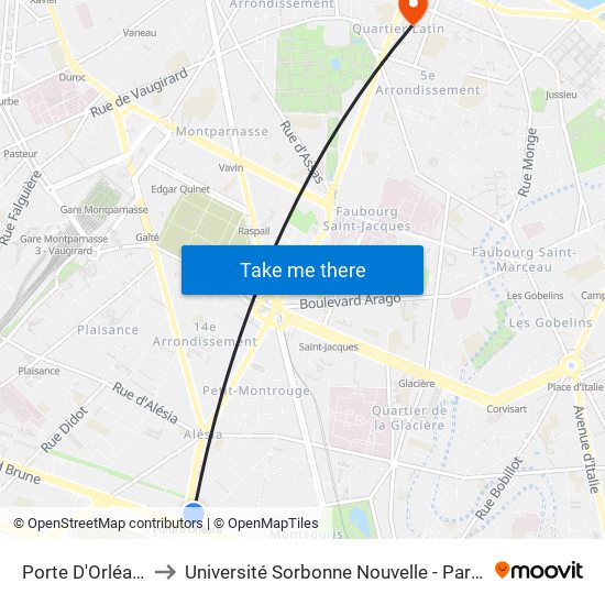 Porte D'Orléans to Université Sorbonne Nouvelle - Paris 3 map
