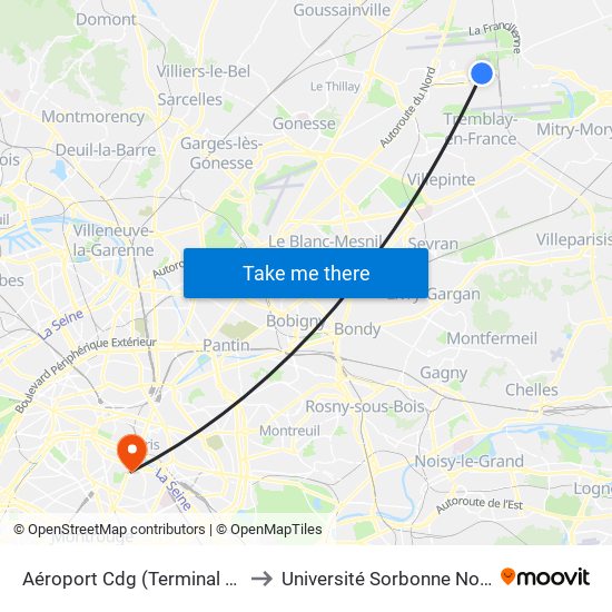 Aéroport Cdg (Terminal 3 – Roissypôle) to Université Sorbonne Nouvelle - Paris 3 map