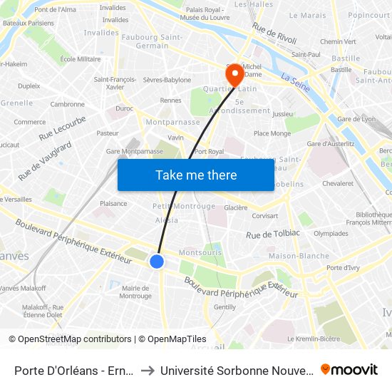 Porte D'Orléans - Ernest Reyer to Université Sorbonne Nouvelle - Paris 3 map