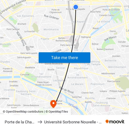 Porte de la Chapelle to Université Sorbonne Nouvelle - Paris 3 map
