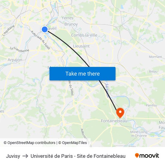 Juvisy to Université de Paris - Site de Fontainebleau map