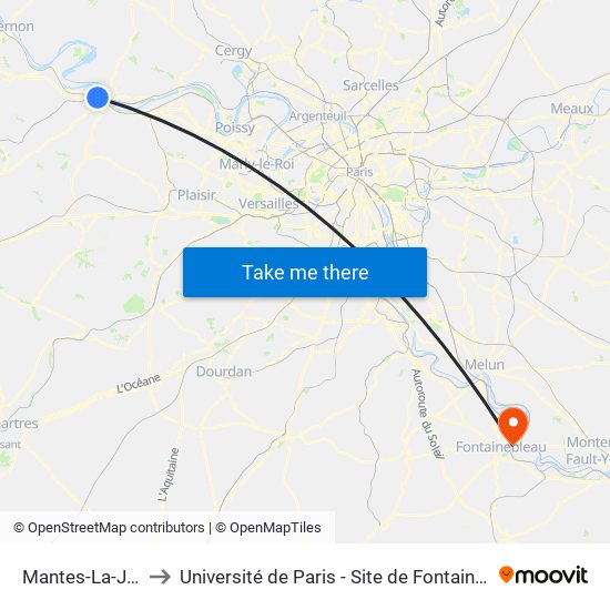 Mantes-La-Jolie to Université de Paris - Site de Fontainebleau map