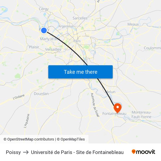 Poissy to Université de Paris - Site de Fontainebleau map