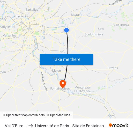 Val D'Europe to Université de Paris - Site de Fontainebleau map