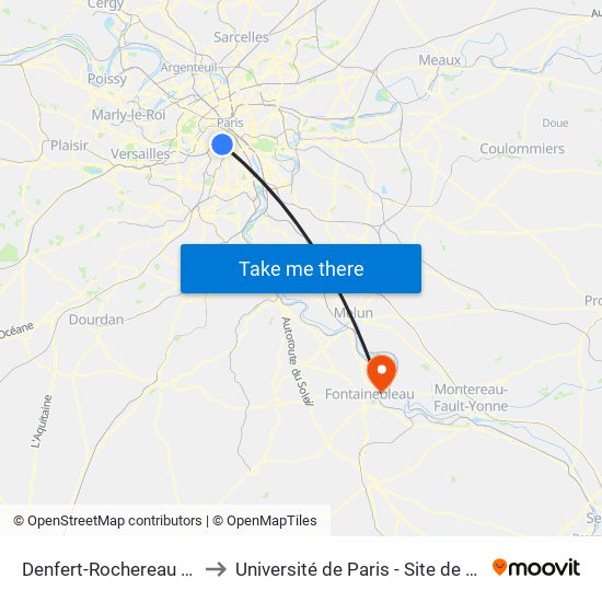 Denfert-Rochereau - Daguerre to Université de Paris - Site de Fontainebleau map