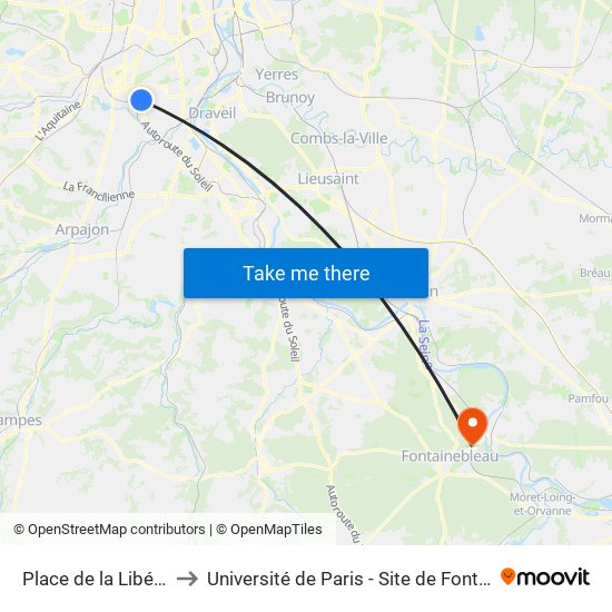 Place de la Libération to Université de Paris - Site de Fontainebleau map