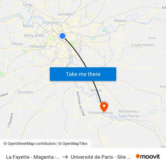 La Fayette - Magenta - Gare du Nord to Université de Paris - Site de Fontainebleau map