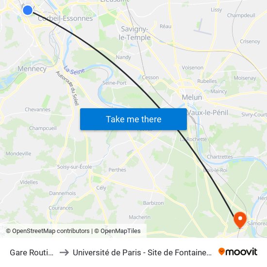 Gare Routière to Université de Paris - Site de Fontainebleau map