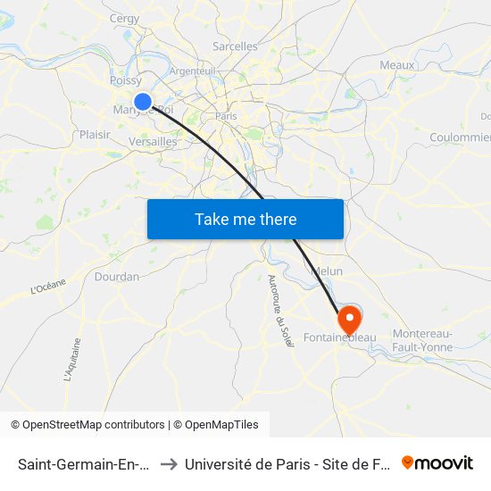 Saint-Germain-En-Laye RER to Université de Paris - Site de Fontainebleau map