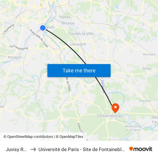 Juvisy RER to Université de Paris - Site de Fontainebleau map