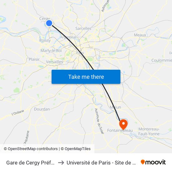 Gare de Cergy Préfecture (C) to Université de Paris - Site de Fontainebleau map