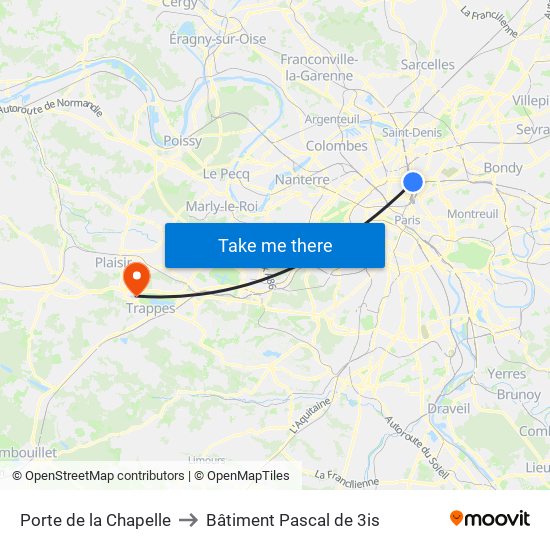 Porte de la Chapelle to Bâtiment Pascal de 3is map