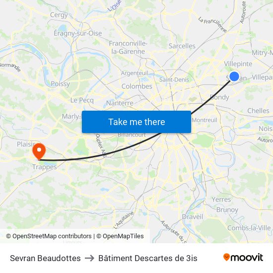 Sevran Beaudottes to Bâtiment Descartes de 3is map