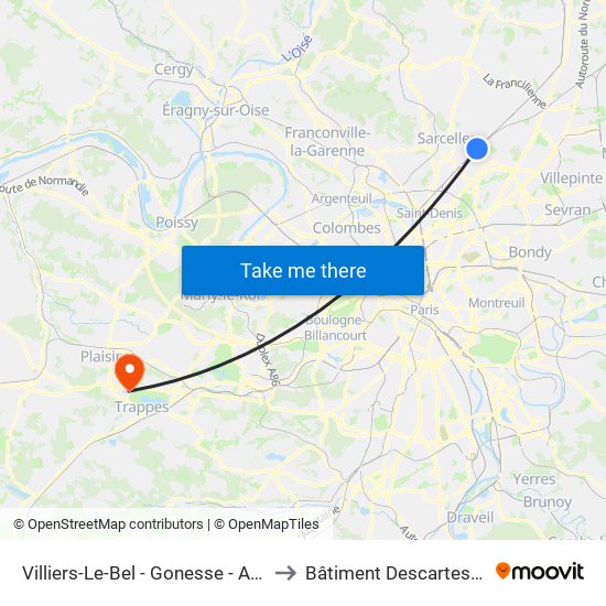 Villiers-Le-Bel - Gonesse - Arnouville to Bâtiment Descartes de 3is map