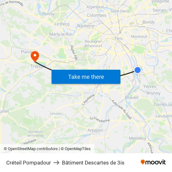Créteil Pompadour to Bâtiment Descartes de 3is map