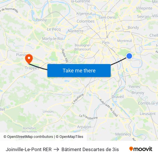 Joinville-Le-Pont RER to Bâtiment Descartes de 3is map