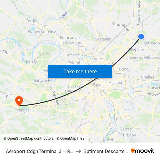 Aéroport Cdg (Terminal 3 – Roissypôle) to Bâtiment Descartes de 3is map