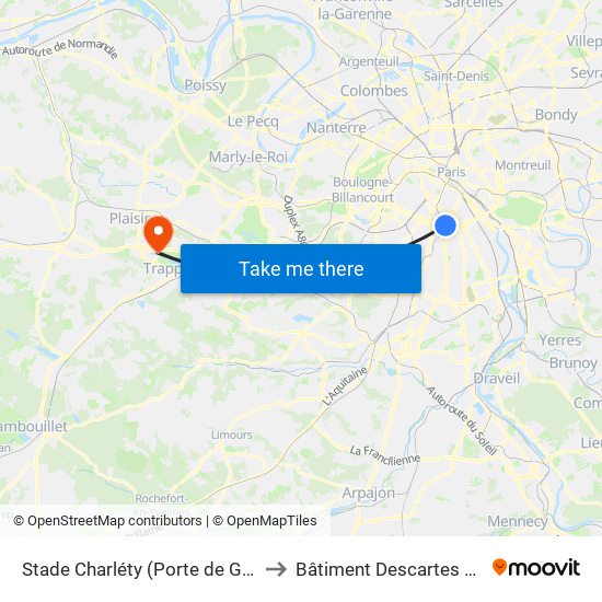 Stade Charléty (Porte de Gentilly) to Bâtiment Descartes de 3is map