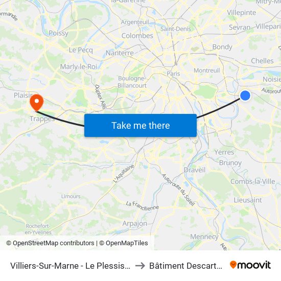Villiers-Sur-Marne - Le Plessis-Trévise RER to Bâtiment Descartes de 3is map