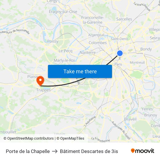 Porte de la Chapelle to Bâtiment Descartes de 3is map