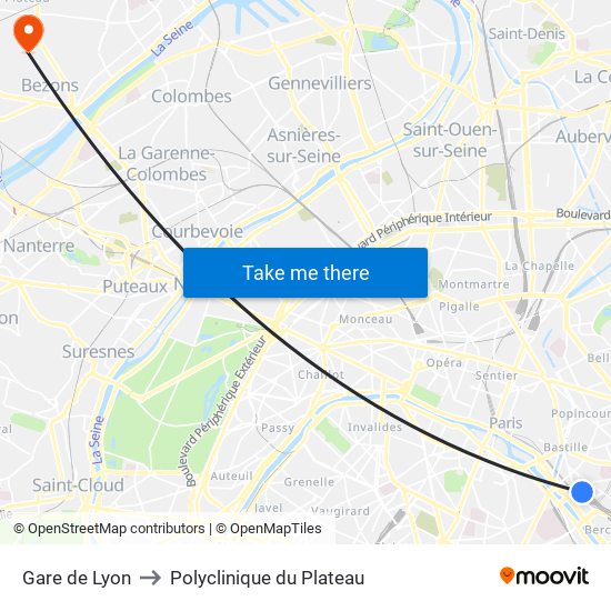 Gare de Lyon to Polyclinique du Plateau map