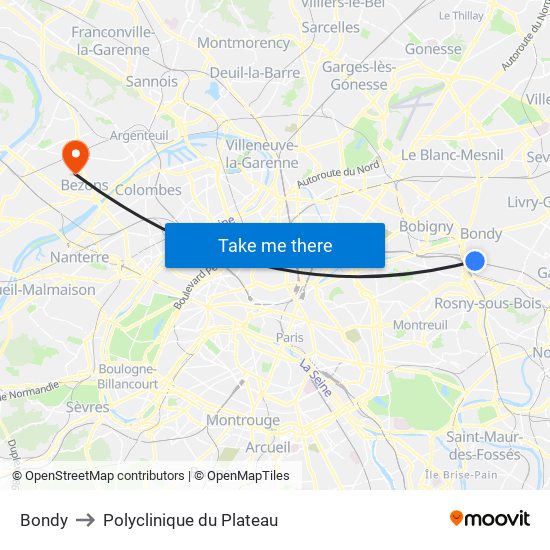 Bondy to Polyclinique du Plateau map