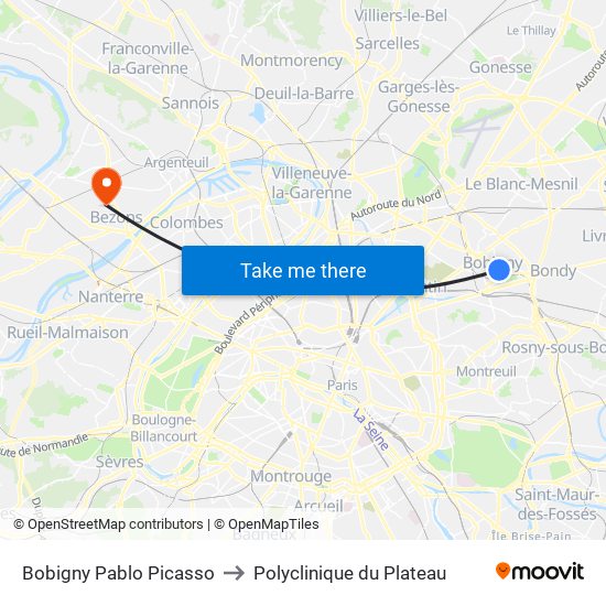 Bobigny Pablo Picasso to Polyclinique du Plateau map