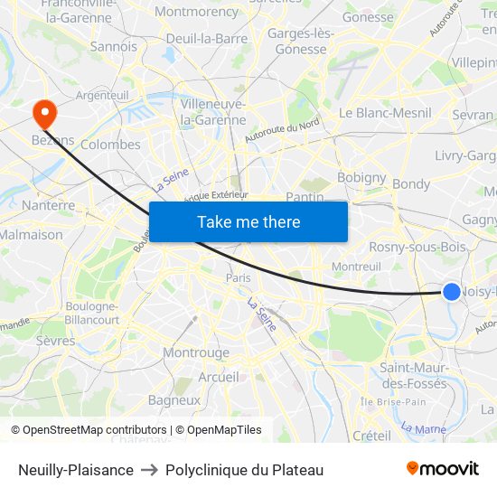 Neuilly-Plaisance to Polyclinique du Plateau map