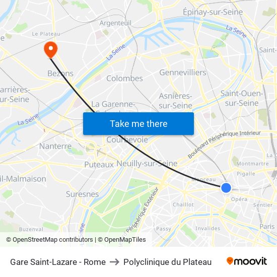 Gare Saint-Lazare - Rome to Polyclinique du Plateau map