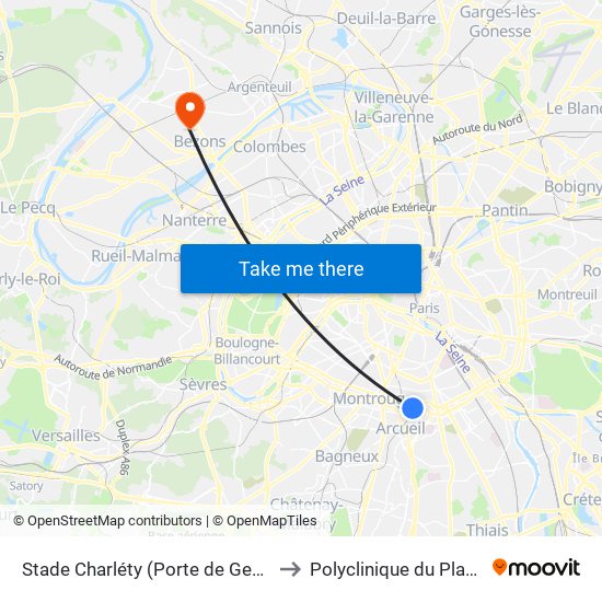 Stade Charléty (Porte de Gentilly) to Polyclinique du Plateau map