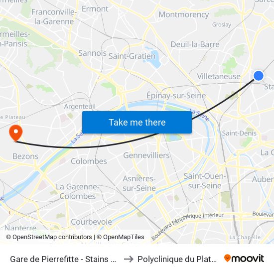 Gare de Pierrefitte - Stains RER to Polyclinique du Plateau map
