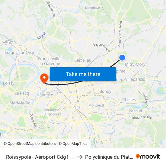 Roissypole - Aéroport Cdg1 (G1) to Polyclinique du Plateau map