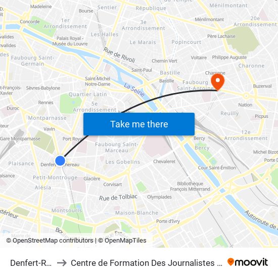 Denfert-Rochereau to Centre de Formation Des Journalistes - Université Panthéon-Assas map