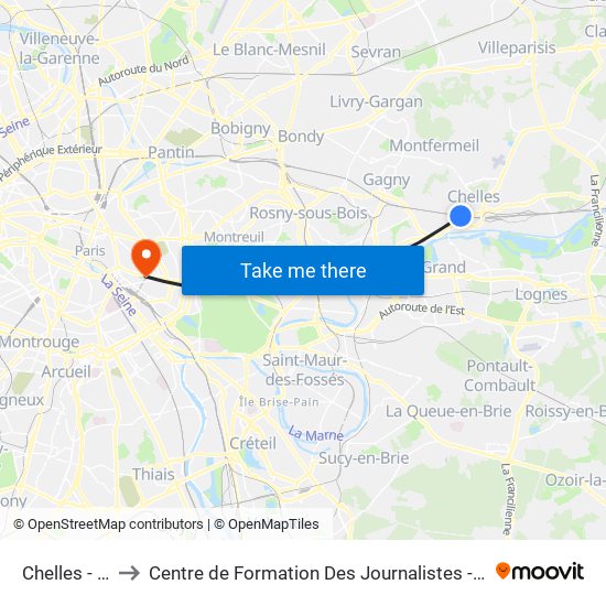 Chelles - Gournay to Centre de Formation Des Journalistes - Université Panthéon-Assas map