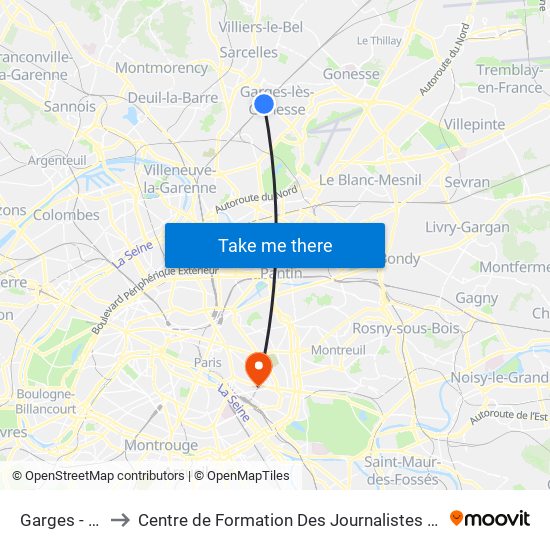 Garges - Sarcelles to Centre de Formation Des Journalistes - Université Panthéon-Assas map
