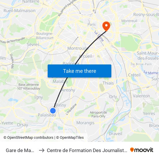Gare de Massy-Palaiseau to Centre de Formation Des Journalistes - Université Panthéon-Assas map
